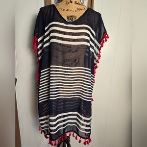 NWOT Navy Blue, White Stripes, & Red Tassels Womens Cover Up, OSFM, Patriotic